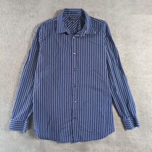 Banana Republic Mens Fitted Blue White Stripe Dress Shirt Woven in Italy Size L